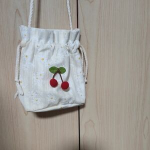 Cherry Embroidered White Drawstring Bag